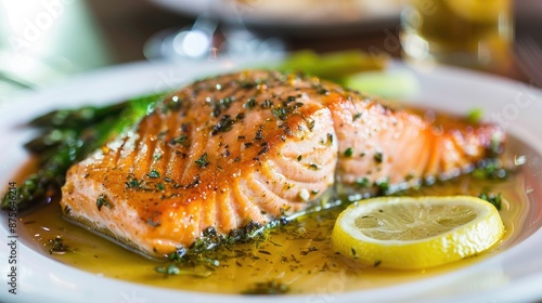 Herb-crusted salmon with lemon butter sauce and asparagus on a gourmet dinner plate. photo