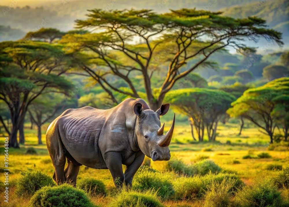 Fototapeta premium Majestic rhino stands alone in lush green savannah, its gray skin glistening in warm sunlight, surrounded by tall trees and scattered acacia bushes.