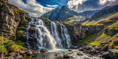 Waterfall cascading down a rugged mountain landscape, waterfall, mountains, nature, scenic, landscape, wilderness, flowing