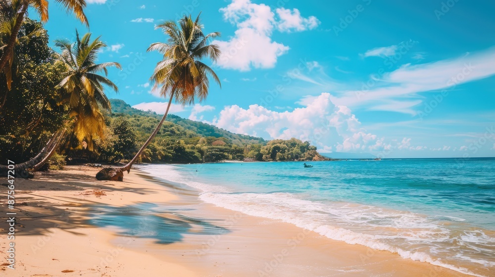 Obraz premium Serene beach view with turquoise sea, golden sand, and palm trees in bright sunlight