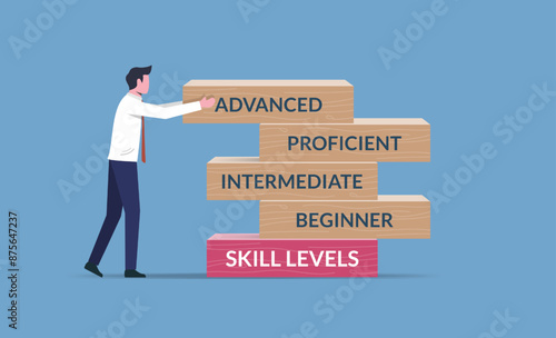 Skill levels enhance concept. Businessman arranging wooden blocks with the text beginner, intermediate, proficient and advanced in a pile.