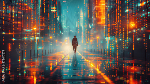 Wallpaper Mural A man walks down the street, with glowing lights and digital code in the background Torontodigital.ca