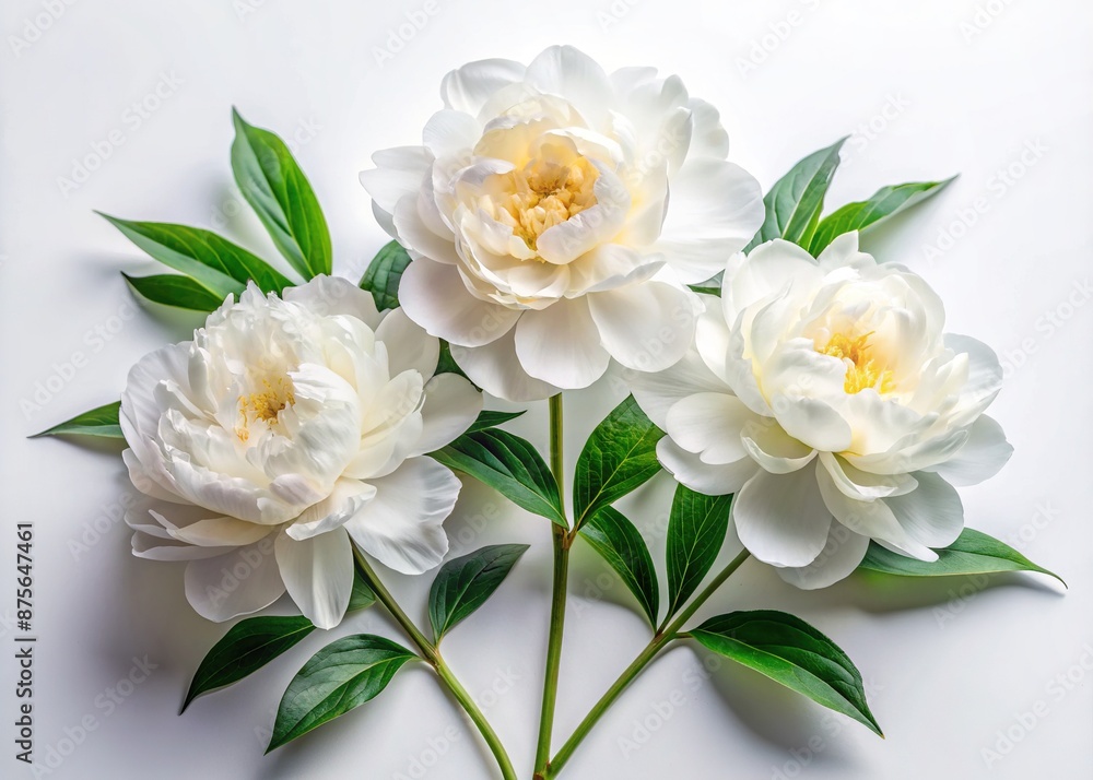 Delicate trio of white peony flowers with lush green leaves arranged artfully on a pristine white background, providing ample copy space for creative content. Delicate trio of white peony flowers with lush green leaves arranged artfully on a pristine white background, providing ample copy space for creative content.