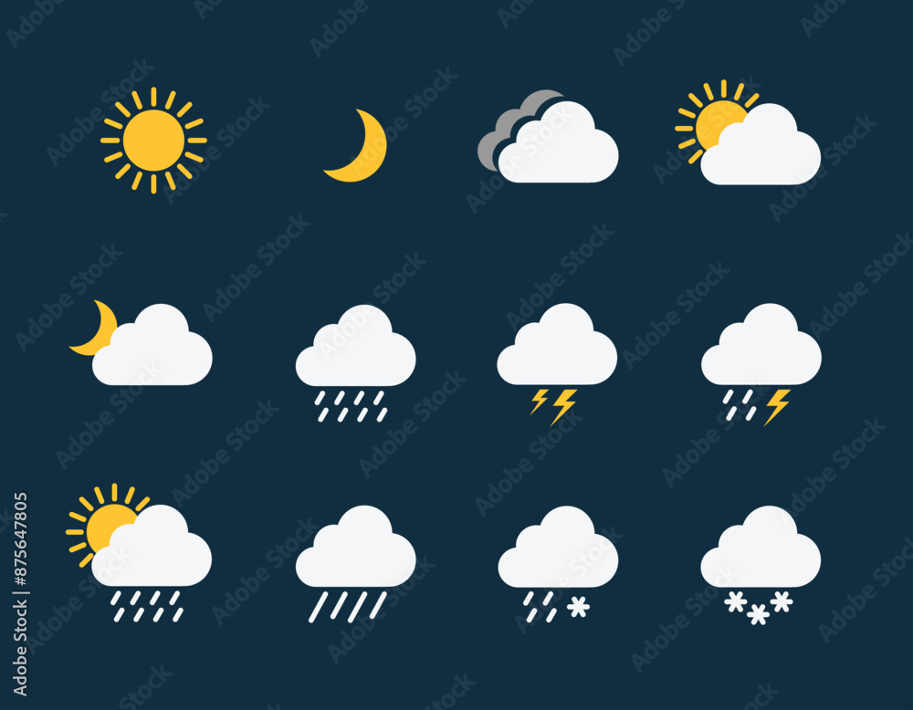 Set of weather icons flat vector design ,Contains symbols of the sun, clouds, snowflakes, wind, rainbow, moon and much more flat vector weather and meteorology for mobile and web application Set of weather icons flat vector design ,Contains symbols of the sun, clouds, snowflakes, wind, rainbow, moon and much more flat vector weather and meteorology for mobile and web application