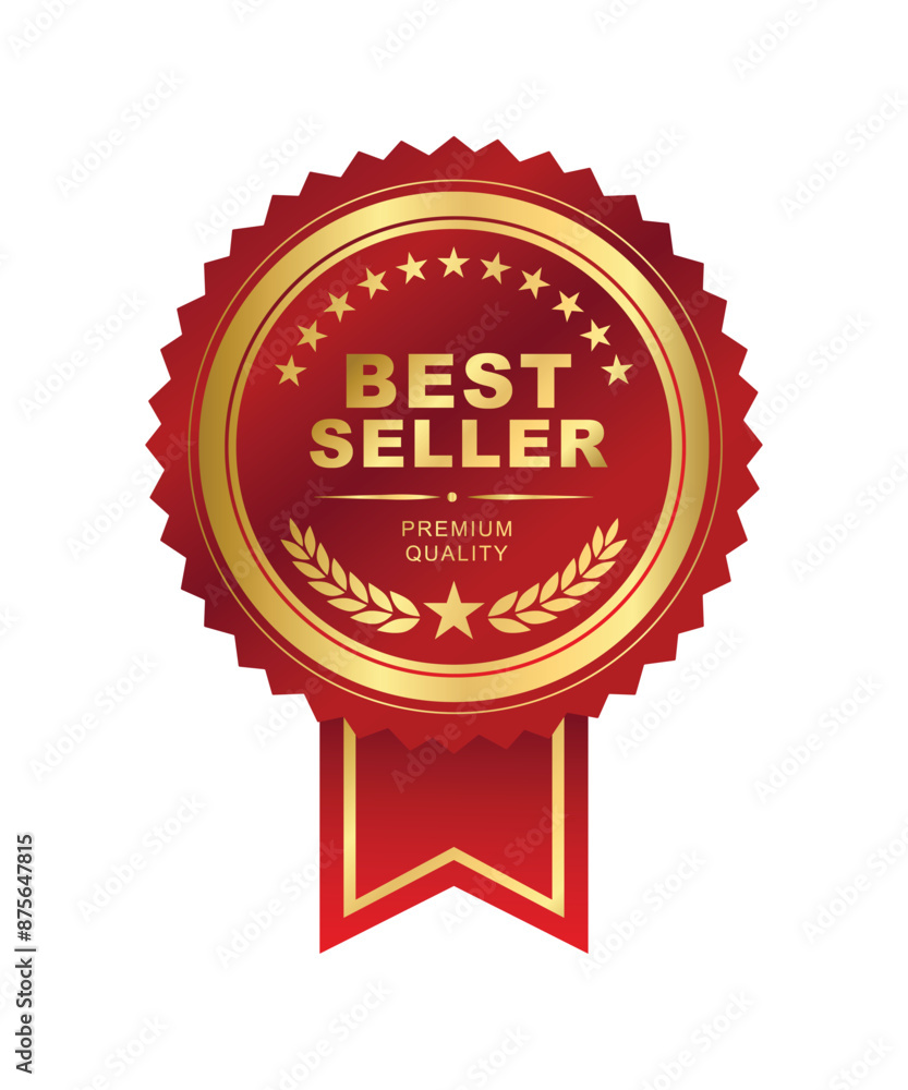 Best seller sticker label with ribon, gold and red badge and red ribbon with Stars and laurel wreath Decoration vector isolated Premium Quality text product, book cover label or your product the Best Best seller sticker label with ribon, gold and red badge and red ribbon with Stars and laurel wreath Decoration vector isolated Premium Quality text product, book cover label or your product the Best