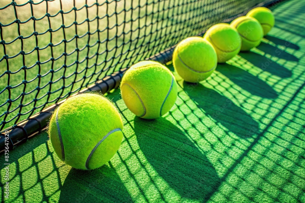 Five vibrant balls of a popular racquet sport rest in a row in front of a net, casting shadows on the court's bright green surface. Five vibrant balls of a popular racquet sport rest in a row in front of a net, casting shadows on the court's bright green surface.