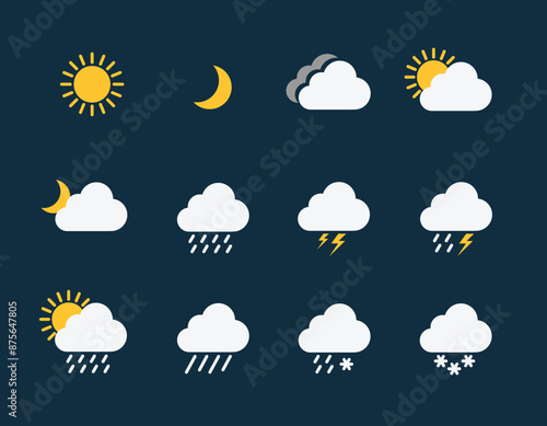 Set of weather icons flat vector design ,Contains symbols of the sun, clouds, snowflakes, wind, rainbow, moon and much more flat vector weather and meteorology for mobile and web application