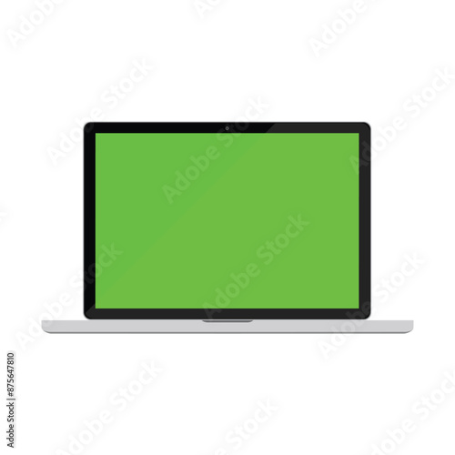 Laptop open monitor with blank green screen easy to replace your picture , text or banner for advertisement , front view flat icon vector design, isolated on white background.