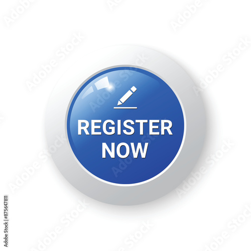 Blue Register Now circle button with icon and shadow for use to your business website, vector eps10 isolated on white background.