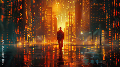 Wallpaper Mural A man walks down the street, with glowing lights and digital code in the background Torontodigital.ca