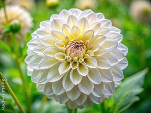 Delicate petals of a freshly bloomed white dahlia flower unfold, revealing intricate detalles and gentle curves, surrounded by lush green foliage and soft focus background.