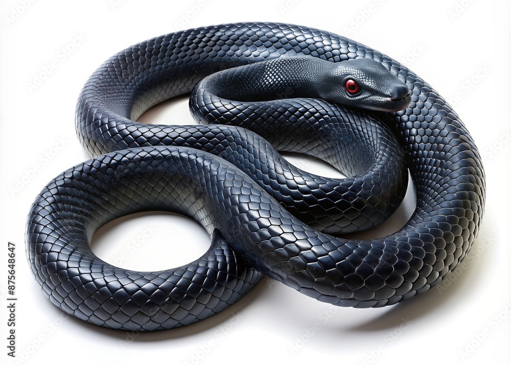 Fototapeta premium Vibrant 3D illustration of a sleek black snake coiled and curved, showcasing its scaly texture, on a clean and isolated white background with subtle shadows.