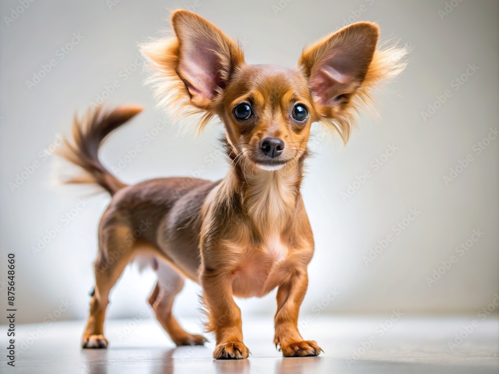 A tiny brown dog with big ears and a curly tail proudly stands on a pristine white floor, exuding confidence and adorable charm.