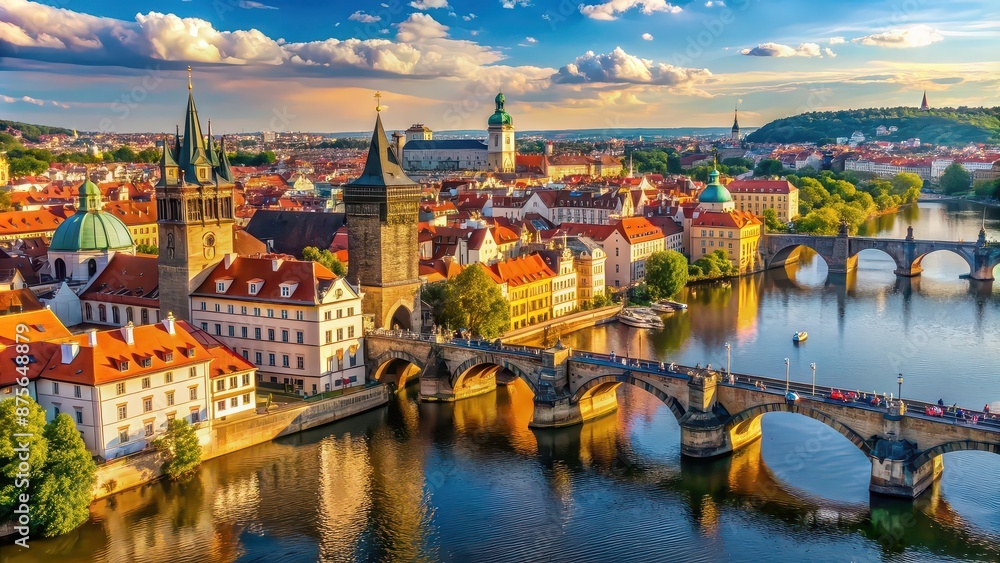 Naklejka premium Stunning aerial view of Prague's iconic Charles Bridge and Old Town, Prague, Czech Republic, cityscape