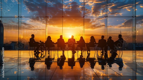 A group of people are sitting around a table in a conference room. They are looking out at the city skyline.