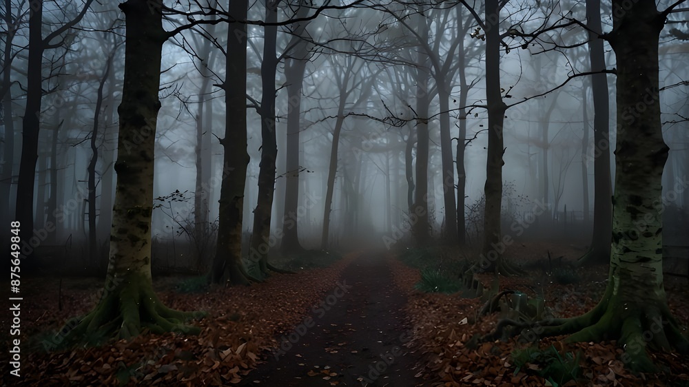 Fototapeta premium enigmatic woodland with a tinge of Halloween and a moonlit walk fog