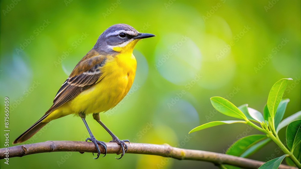 Fototapeta premium Yellow wagtail perched on a tree branch with blurred background of lush greenery , yellow wagtail, bird, wildlife, nature