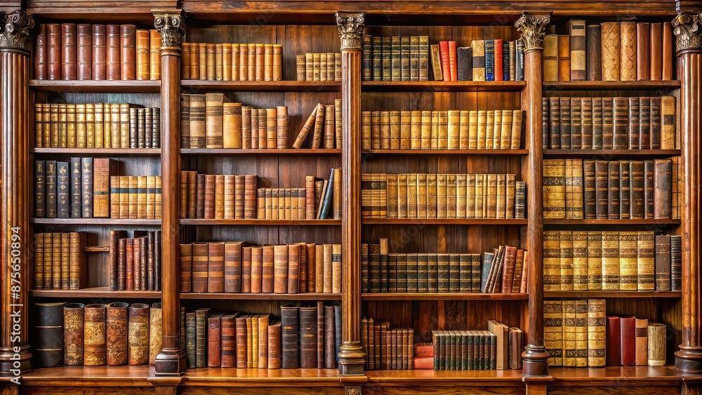 Elegant wooden bookshelf with antique books showcasing various bindings and titles, vintage, collection, library, literature Elegant wooden bookshelf with antique books showcasing various bindings and titles, vintage, collection, library, literature