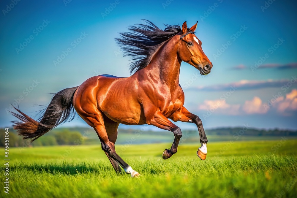 Majestic polo horse in mid-gallop, muscles rippling, mane flowing, on a lush green grass field with a clear blue sky in the background. Majestic polo horse in mid-gallop, muscles rippling, mane flowing, on a lush green grass field with a clear blue sky in the background.