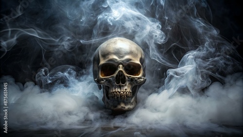 Eerie skull emerging from the mysterious smoke in the dark, creating a haunting and spooky atmosphere, perfect for Halloween themes.