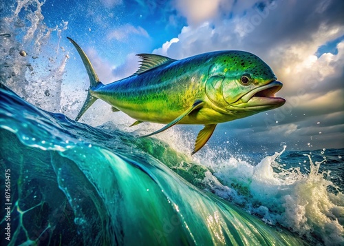 Vibrant blue-green mahi mahi swims dynamically through turbulent ocean waves, its iridescent scales catching sunlight as it navigates powerful white-capped surf. photo