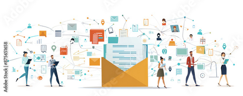 A group of people are standing around a large envelope with many different icons and symbols on it. Concept of collaboration and teamwork, as the people are all working together to open the envelope
