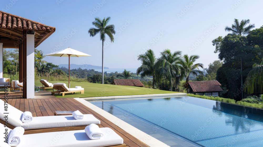 Fototapeta premium Hotel swimming pool accommodation by green grass for relax vacation