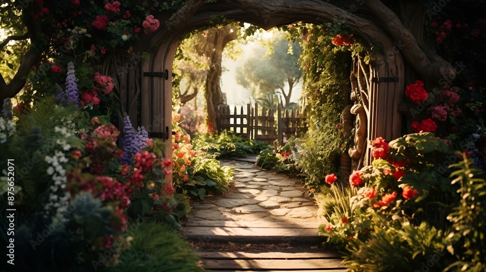 Fototapeta premium a garden with flowers and a path leading to a gate.