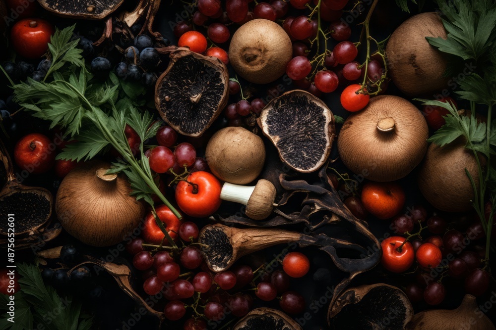 an assortment of vegetables and mushrooms on a black background an assortment of vegetables and mushrooms on a black background