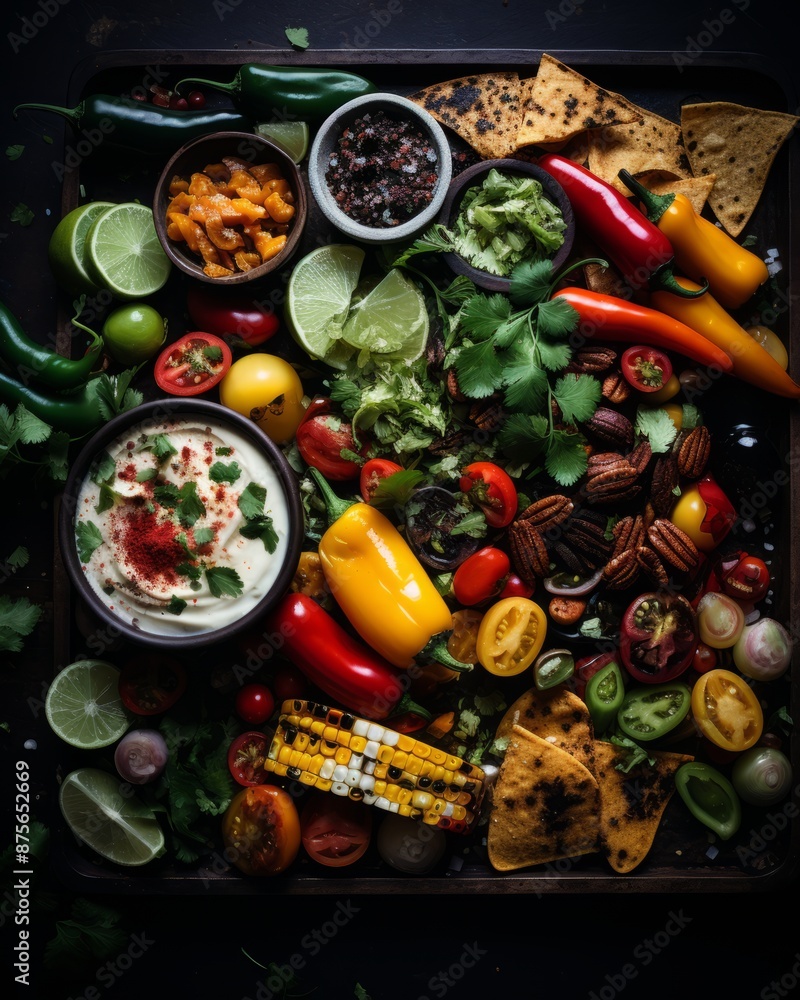 an assortment of vegetables chips and dips on a black background an assortment of vegetables chips and dips on a black background