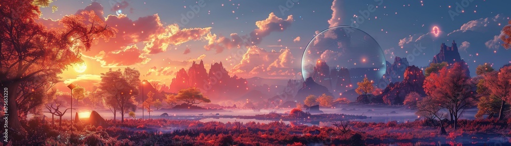 Naklejka premium Futuristic Landscape with Dome City and Vibrant Sunset Over Alien Terrain