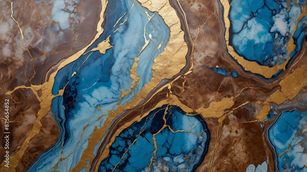 Modern abstract artwork, featuring a luxurious blue and brown with golden ink marble design.Abstract painting, can be used as a trendy background for wallpapers, posters, cards, invitations, websites.