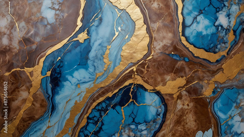 Obraz na płótnie Modern abstract artwork, featuring a luxurious blue and brown with golden ink marble design.Abstract painting, can be used as a trendy background for wallpapers, posters, cards, invitations, websites. w salonie