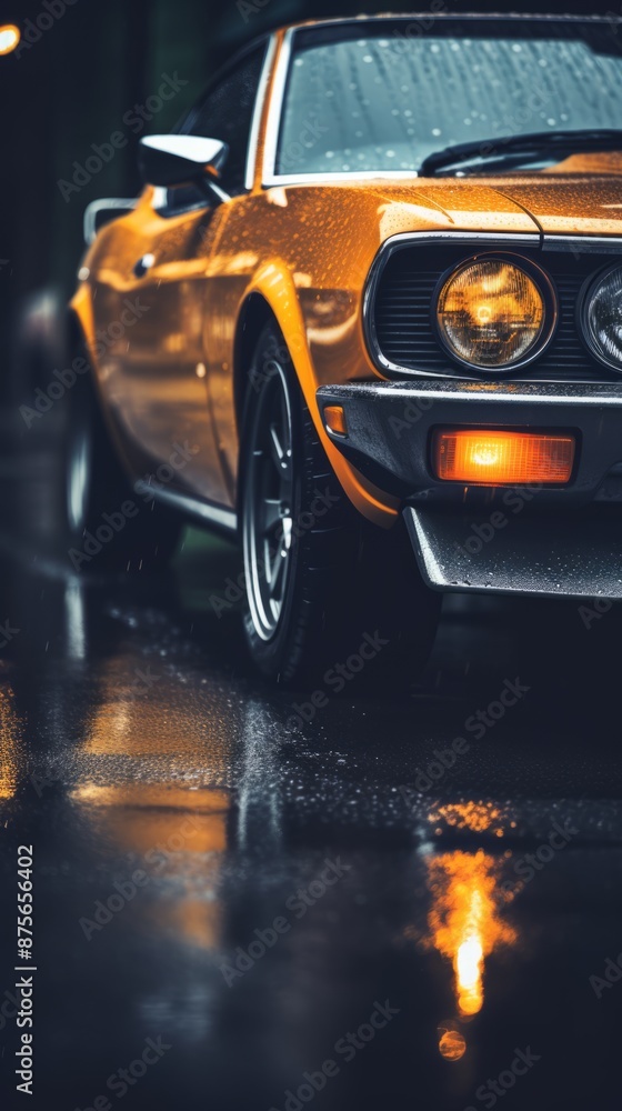 Fototapeta premium an orange muscle car parked in the rain at night