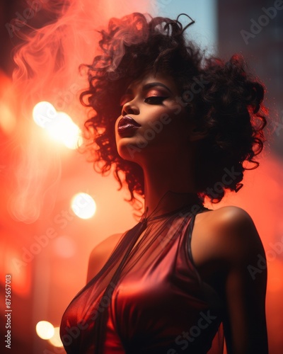 beautiful african american woman in red dress with smoke coming out of her mouth