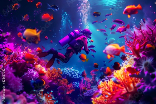 Wallpaper Mural Diver exploring an underwater coral reef with glowing corals and schools of fish swimming around Torontodigital.ca