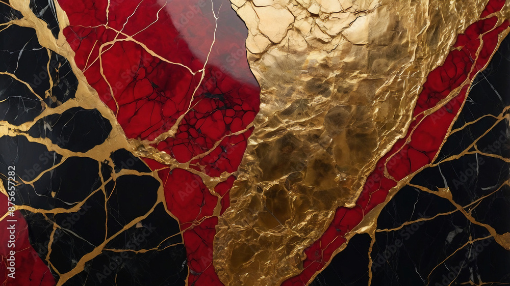 Modern abstract artwork, featuring a luxurious red and black marble design with golden ink.Abstract painting, can be used as a trendy background for wallpapers, posters, cards, invitations, websites.
