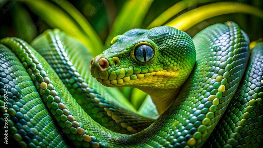 Close up of a captivating green python its scales glistening coiled within the lush foliage of a tropical rainforest The reptile s piercing gaze and alert posture suggest its predatory nature Close up of a captivating green python its scales glistening coiled within the lush foliage of a tropical rainforest The reptile s piercing gaze and alert posture suggest its predatory nature
