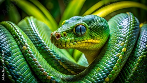 Close up of a captivating green python its scales glistening coiled within the lush foliage of a tropical rainforest  The reptile s piercing gaze and alert posture suggest its predatory nature photo