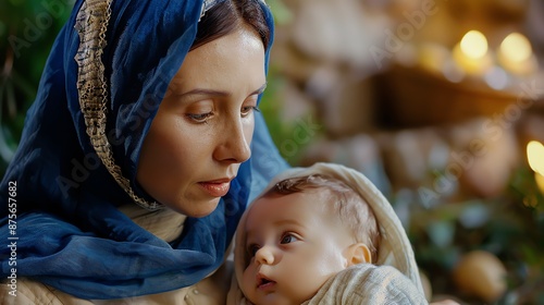 A beautiful young mother wearing a blue headscarf is holding her newborn baby in her arms. photo