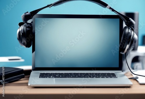 blue banner copy part lpdesk desk minimal courses adset online laptop learning working space adphones blank home center distant concept screen background from call earphones headset distance customer photo