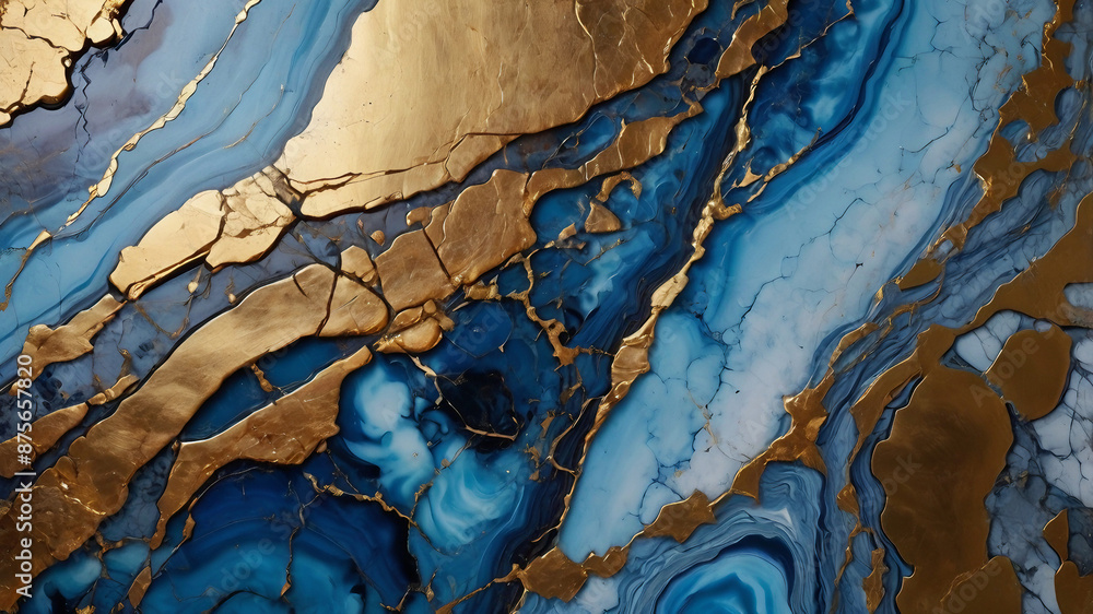Modern abstract artwork, featuring a luxurious blue shades and golden ink marble design.Abstract painting, can be used as a trendy background for wallpapers, posters, cards, invitations, websites.