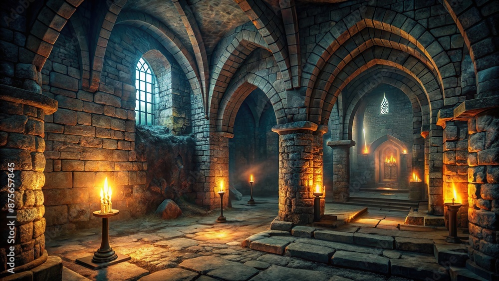 Obraz premium Dark, mysterious, and abandoned medieval dungeon with crumbling stone walls, flickering torches, and ominous shadows, evoking a sense of foreboding and eerie atmosphere.