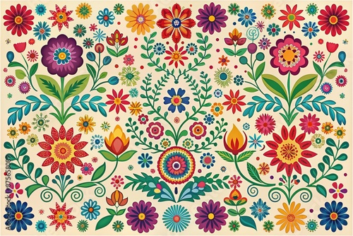 Fototapeta Naklejka Na Ścianę i Meble -  Colorful vector set of traditional Mexican folk ornaments featuring symmetrical patterns of vibrant flowers and leaves on a light background, ideal for textile printing and decor.