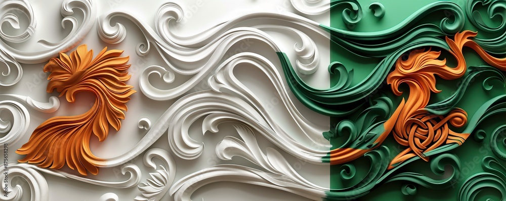 Intricate paper quilling artwork featuring flowing patterns with vibrant orange, white, and green colors, highlighting artistic craftsmanship. Intricate paper quilling artwork featuring flowing patterns with vibrant orange, white, and green colors, highlighting artistic craftsmanship.