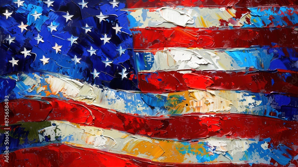 Abstract painting of the American flag with vibrant colors and bold brushstrokes symbolizing patriotism and creativity. Abstract painting of the American flag with vibrant colors and bold brushstrokes symbolizing patriotism and creativity.