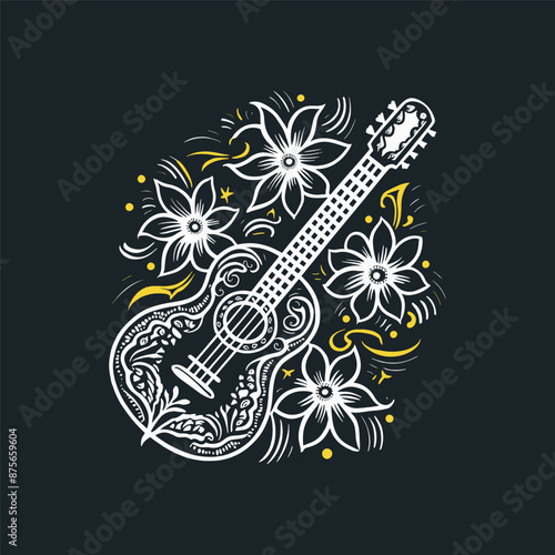 a black and white drawing of a guitar and flowers. print ready and t shirt design 