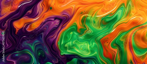 Swirls of liquid paint in shades like orange, green, purple, and more, creating unique patterns on an abstract background. © abdur