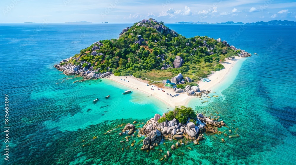 Fototapeta premium Beautiful nature landscape. Aerial view of tropical rocky island, turquoise water and white sand beach 