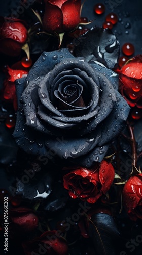 black roses with water droplets and red roses on a dark background